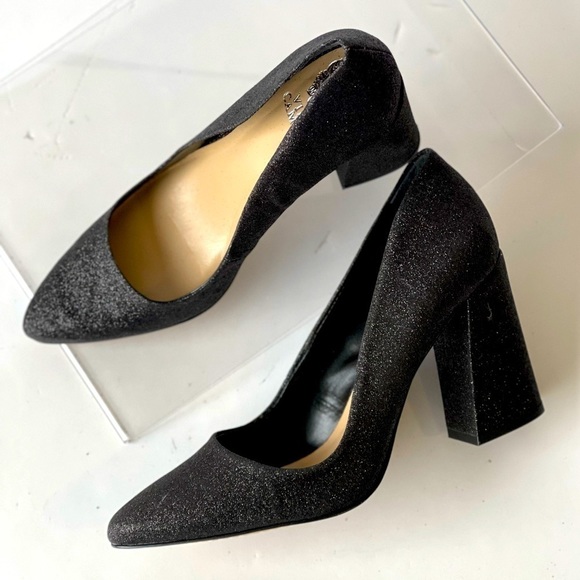 Vince Camuto Black Glitter Pumps Heels Block Heels Pointed Toe, Sz 8M - Picture 7 of 14